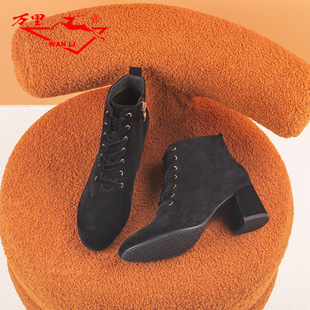 万里时尚 女靴气质高跟侧拉链真皮靴粗跟羊皮绒面短靴HZT678 新款