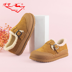 万里冬季新款棉鞋舒适一脚蹬真皮雪地靴百搭平底加绒女鞋SAT6873