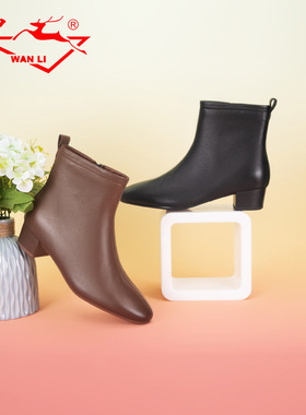 万里新款百搭瘦瘦靴女士中跟靴子短筒皮靴侧拉链高帮鞋HNT635