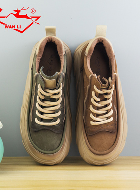 万里秋冬新款女鞋舒适复古厚底平底系带宽头真皮休闲鞋SRT6850