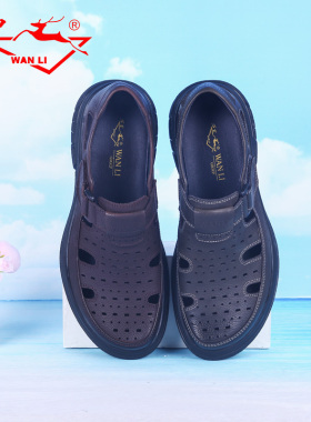 万里舒适凉鞋真皮透气平底镂空夏季男鞋魔术贴休闲洞洞鞋HGT3116