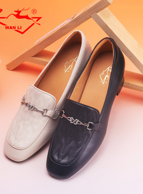 万里新款浅口单鞋粗跟女鞋时尚马衔扣真皮套脚通勤鞋HMT2109