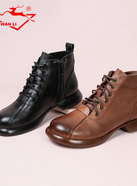 万里新款真皮复古马丁靴时尚侧拉链短靴英伦风圆头女鞋KHT6788