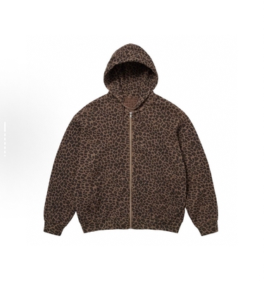 FCG＆SS25 Hooded Zip Up Thermal豹纹口袋徽标图案拉链连帽卫衣