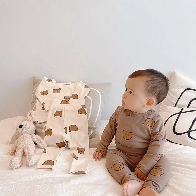 속옷 세트 가을 겨울 의류 남성 및 여성  곰 잠옷 가정 의류 어린이 따뜻한 배 보호 투피스 세트