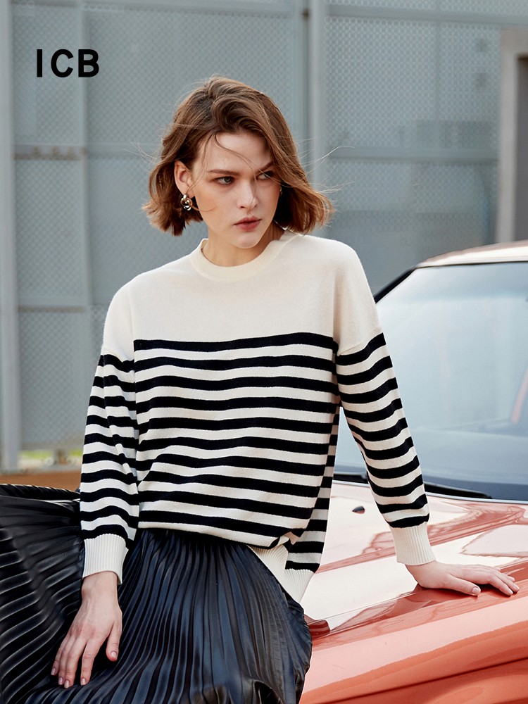 羊毛羊绒混圆领条纹毛衣商场同款