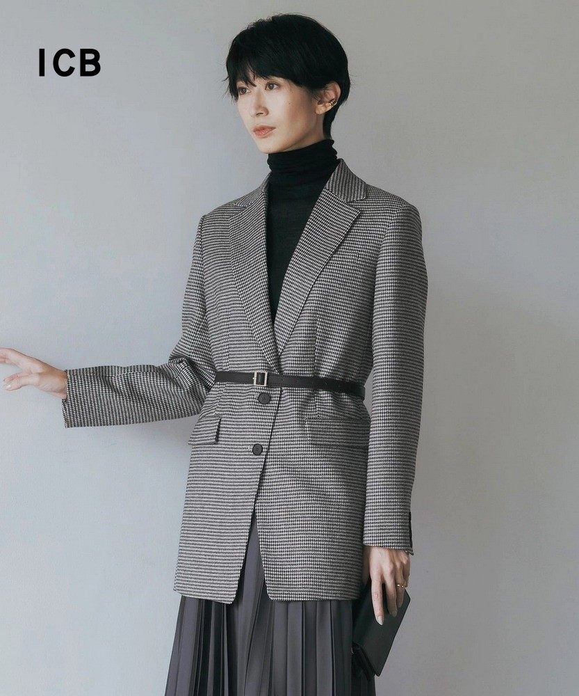 ICB日系秋季通勤职业直筒羊毛混纺细格西装休闲西服外套商场同款