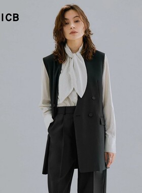 ICB日系春季通勤职业羊毛混纺V领双排扣西装背心马夹马甲商场同款
