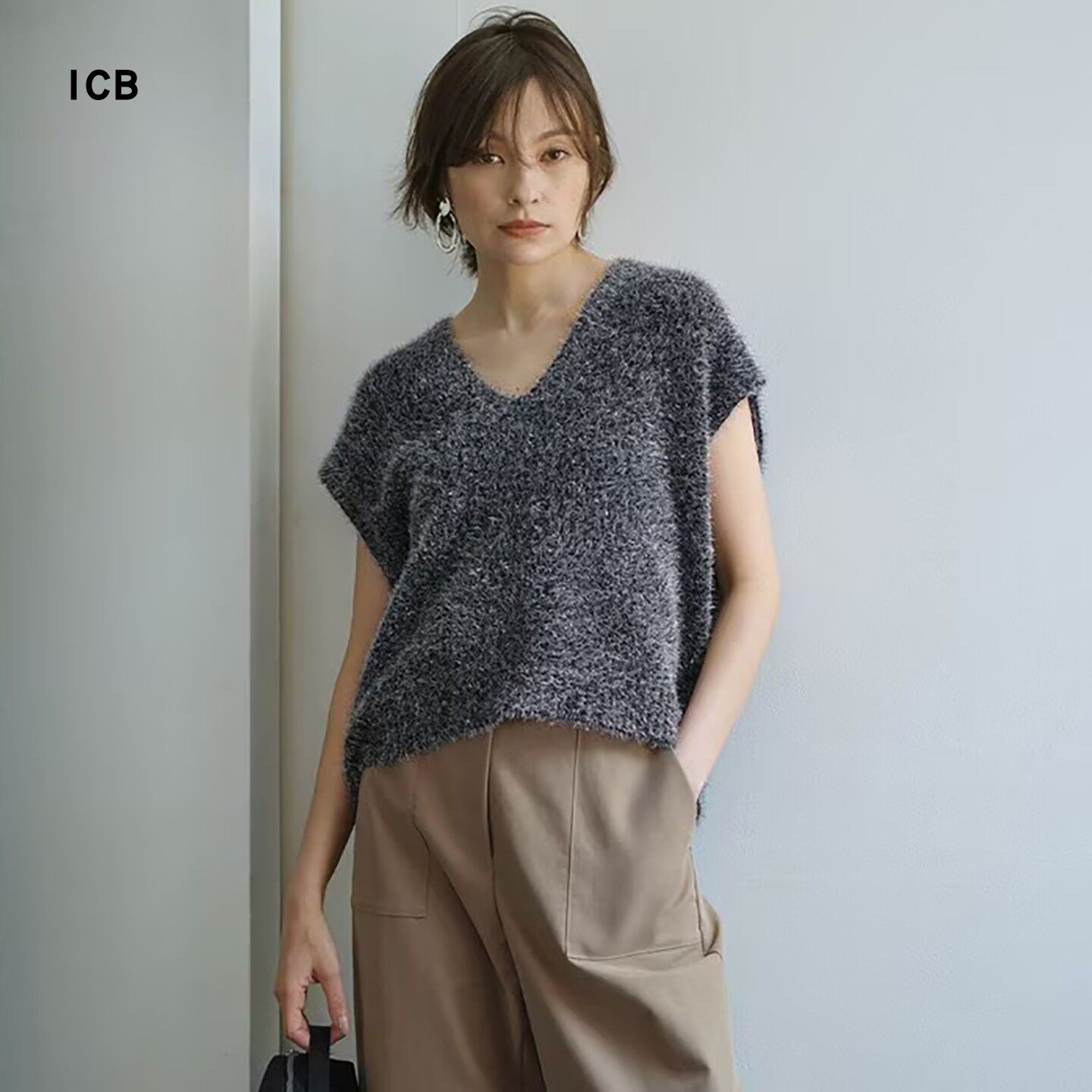 ICB日系春季通勤宽松棉羊毛混纺V领套头无袖毛衣针织背心商场同款