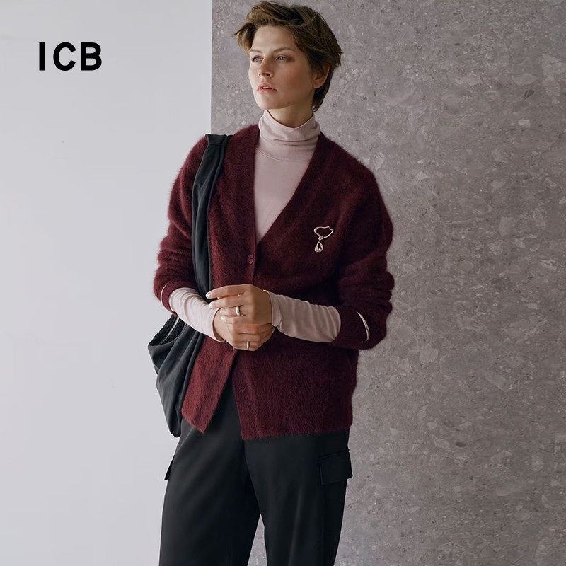 ICB日系春秋通勤宽松V领羊驼毛混纺针织毛衣开衫编织衫商场同款