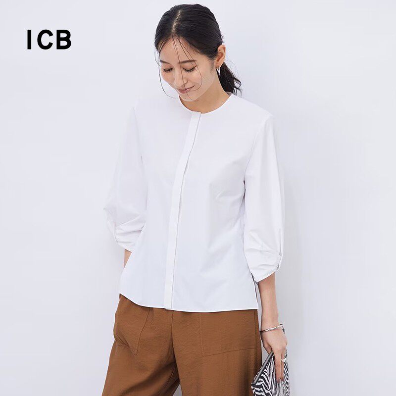 ICB日系春季通勤职业宽松棉混纺圆领七分袖衬衣休闲衬衫商场同款