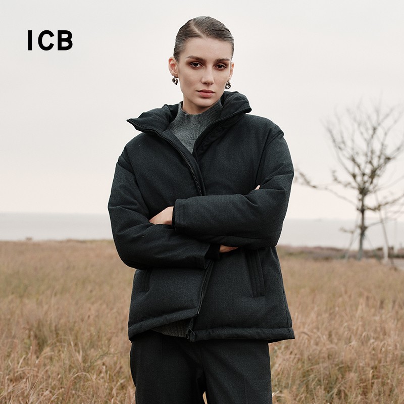 宽松羊毛混纺立领羽绒服商场同款