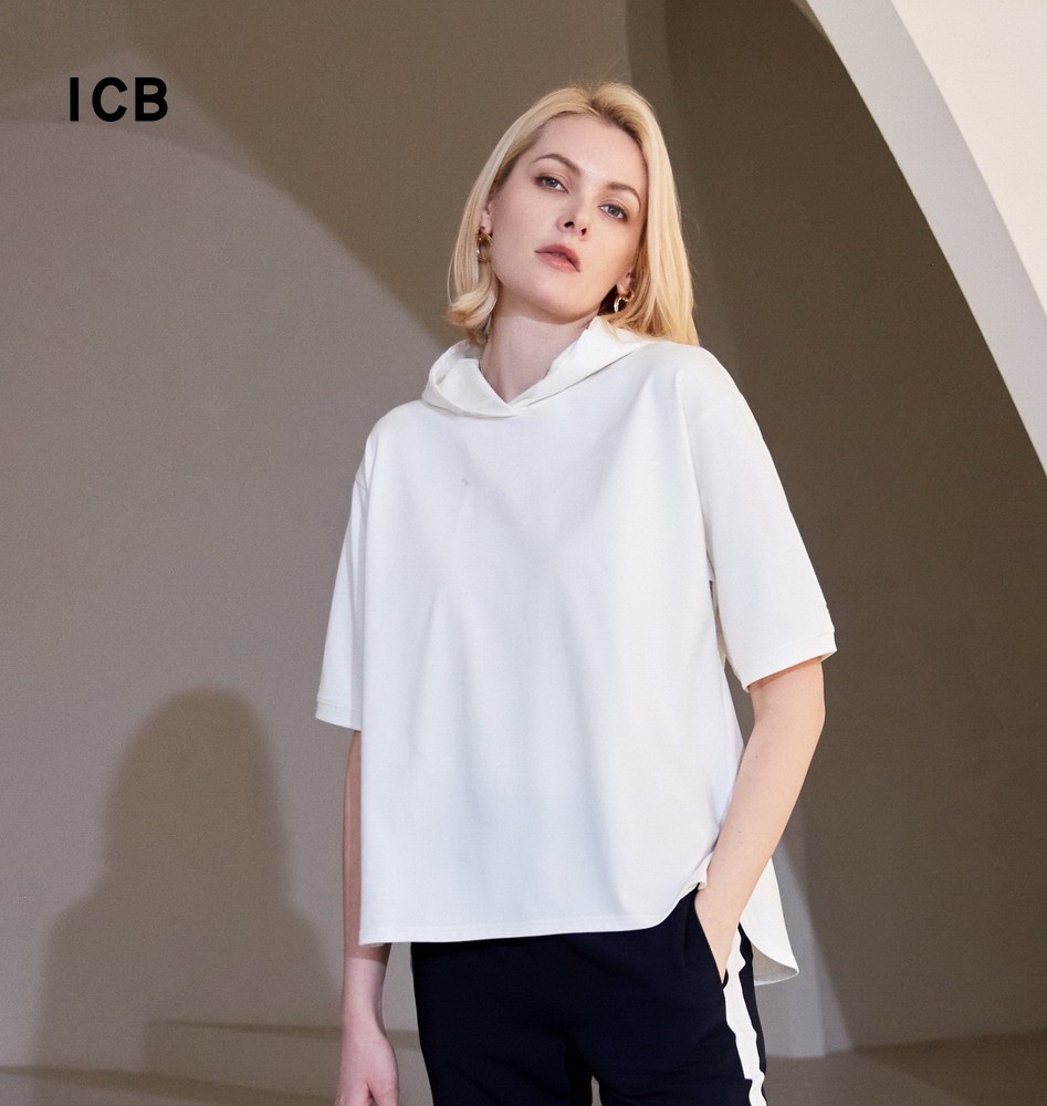ICB日系春季通勤宽松版纯棉连帽套头五分袖T恤休闲针织衫商场同款