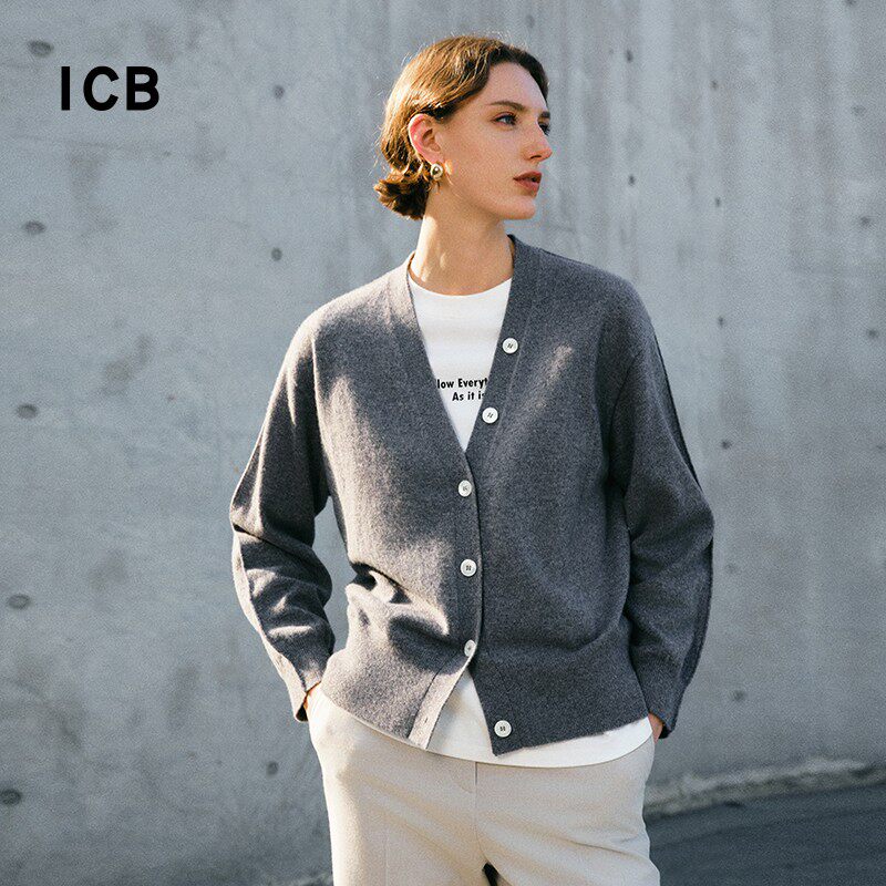 ICB日系春季通勤宽松纯山羊绒V领针织毛衣开衫编织羊绒衫商场同款