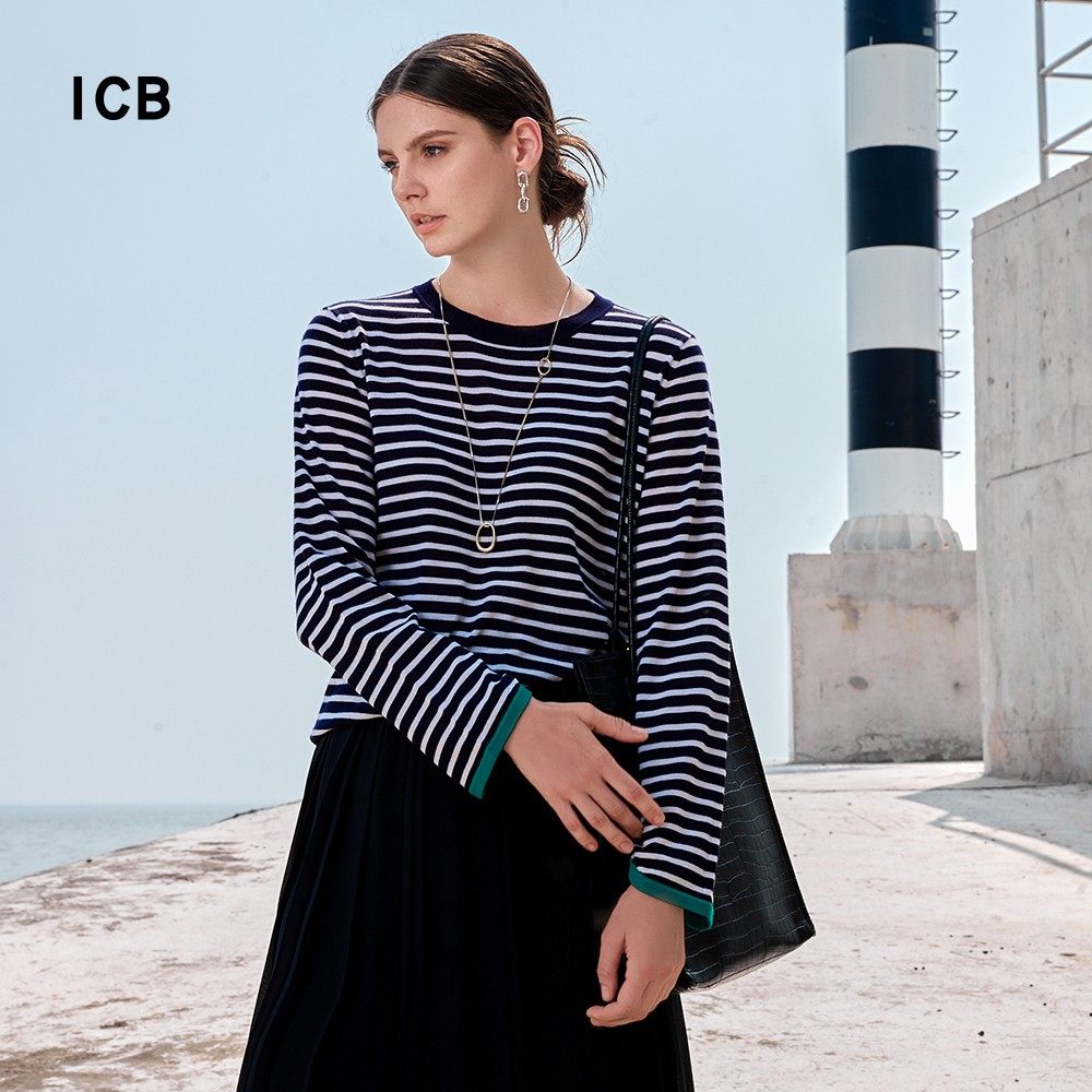 ICB日系春季通勤宽松版纯羊毛圆领套头条纹毛衫针织毛衣商场同款,女装/女士精品,毛针织衫,淘宝优惠券,粉丝福利购,淘宝优惠卷