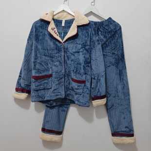 M-XL码 歌瑞曼睡衣 秋冬 女法兰绒翻领舒适家居服睡衣套装