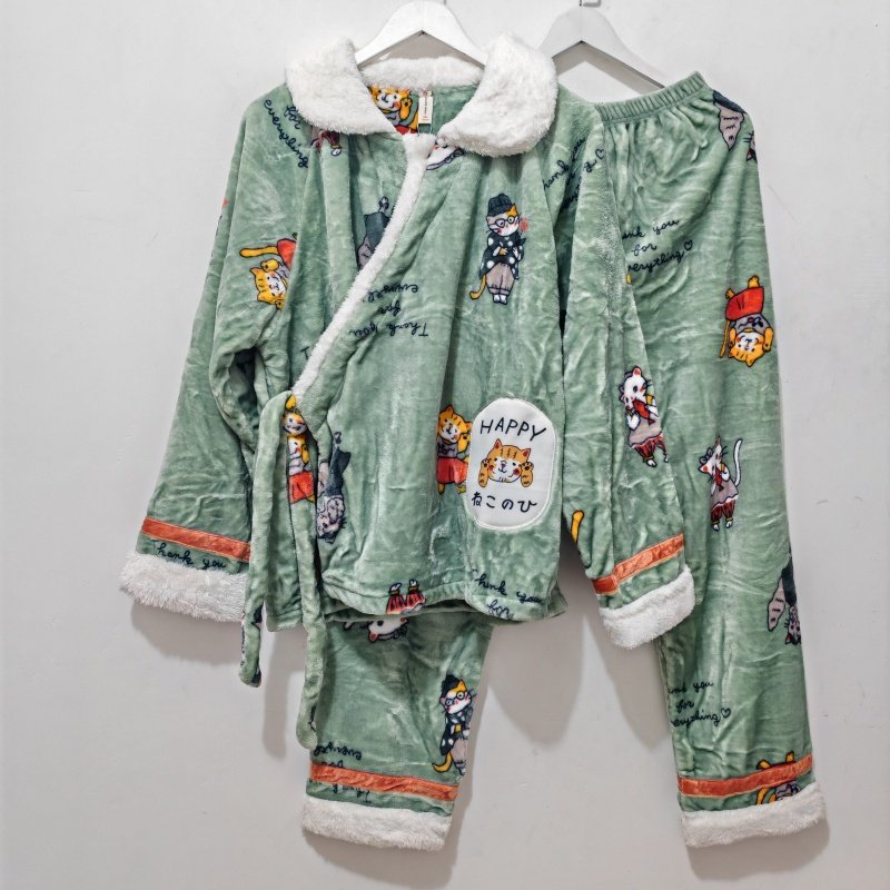 M-XL码  歌瑞曼睡衣 秋冬 女法兰绒翻领斜襟家居服睡衣套装