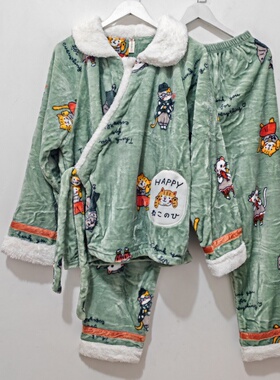 M-XL码  歌瑞曼睡衣 秋冬 女法兰绒翻领斜襟家居服睡衣套装