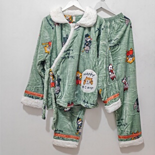 M-XL码 歌瑞曼睡衣 秋冬 女法兰绒翻领斜襟家居服睡衣套装