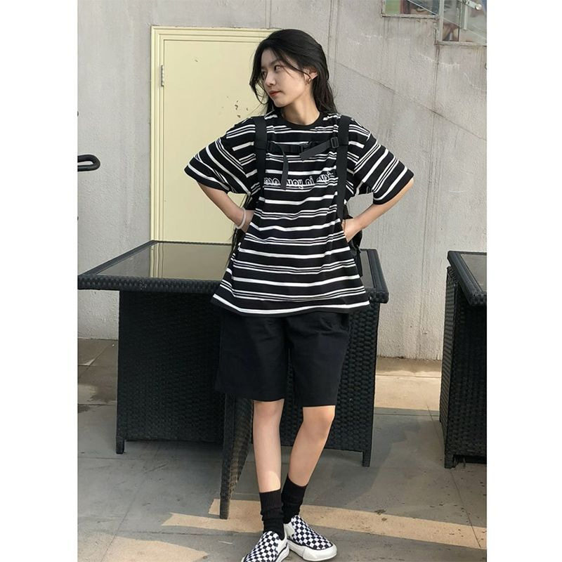 夏季大码女装韩版潮流嘻哈运动套装条纹宽松短袖T恤五分裤两件套