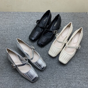 软底编织单鞋女夏季外穿2025年新款渔网法式玛丽珍鞋镂空粗跟单鞋