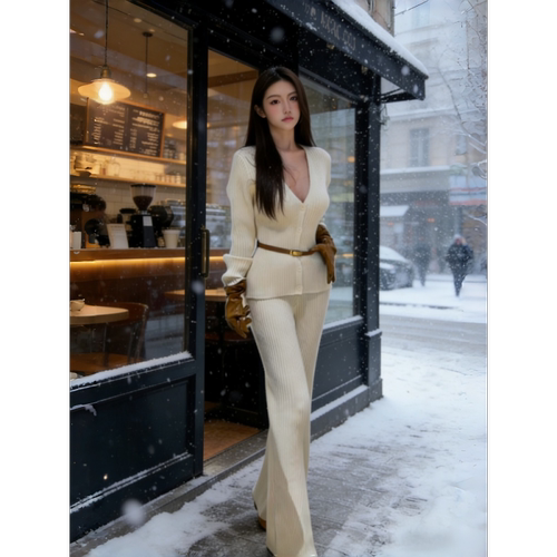 法式小香风针织开衫高腰两件套