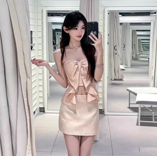 辣妹性感套装缎面花朵抹胸背心女夏季裙子包臀裙短裙半身裙两件套