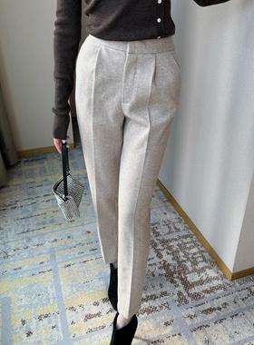 橙子太太定制秋冬厚款轻熟通勤燕麦色磨毛高腰九分烟管小脚西裤女