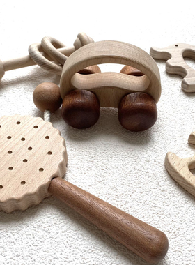 新生婴儿儿童0-1岁手摇铃宝宝早教安抚实木头木质玩具拨浪鼓训练