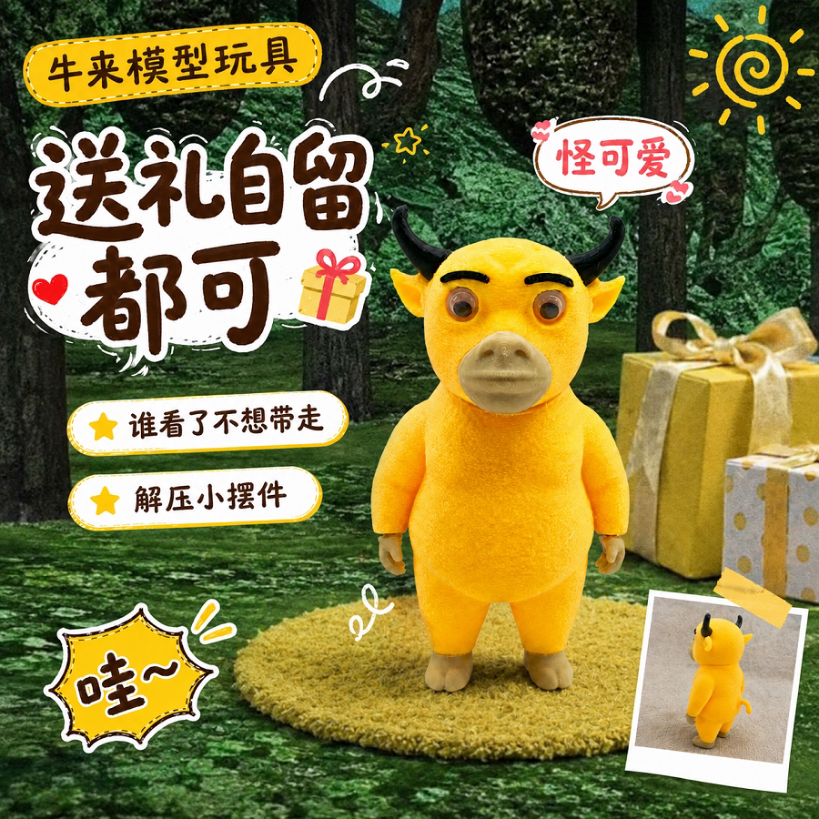 网红牛来模型摆件搞怪黄牛玩偶桌面装饰整蛊沙雕手办玩具送礼好物