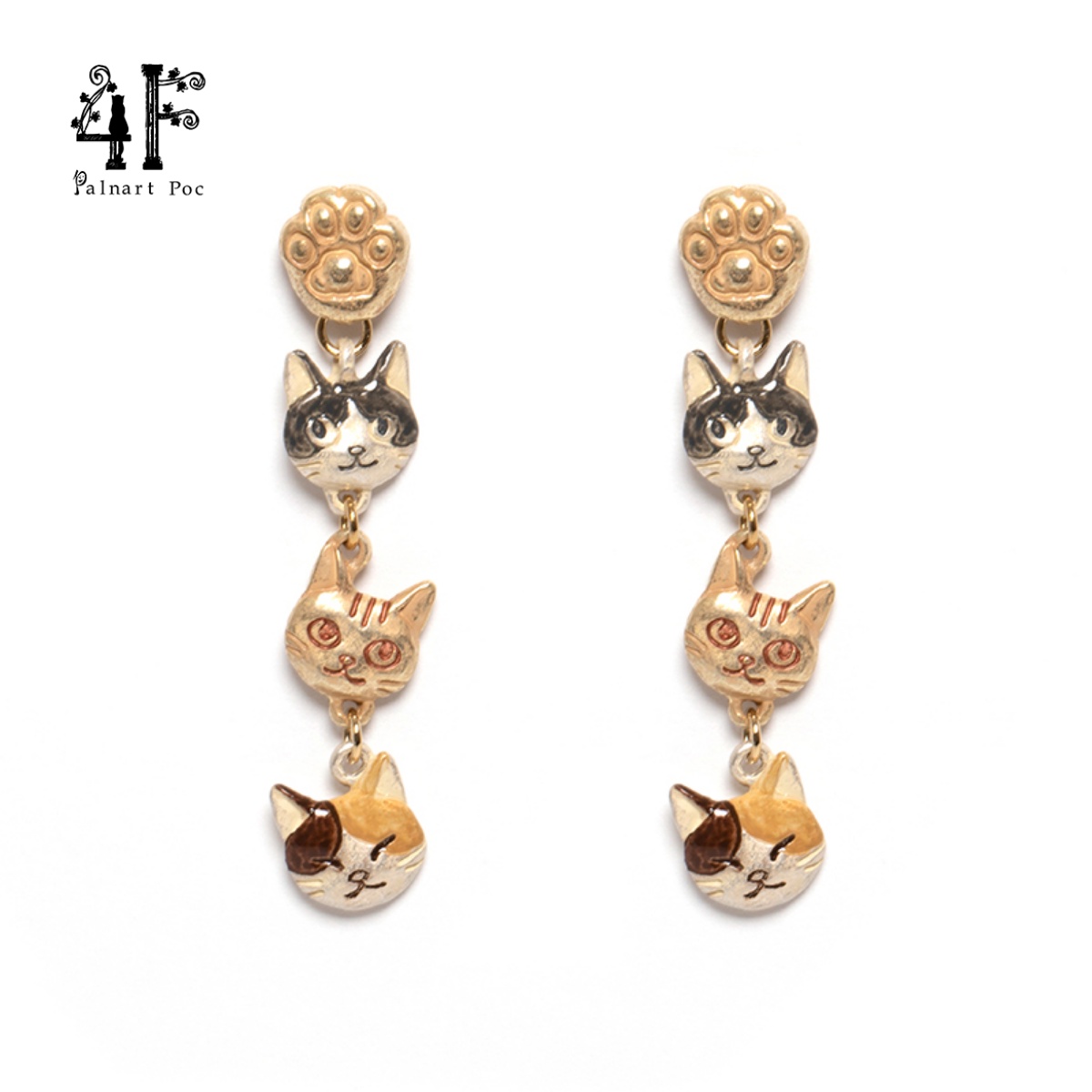 巡meguri原创Palnart poc子品牌4F个性百搭三只猫脸猫咪长款耳环