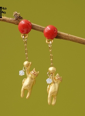 Palnart poc子品牌4F少女日系立体红色气球猫咪可爱卡通耳钉耳环