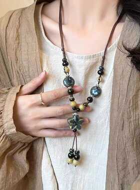 新中式陶瓷项链女2024新款爆款高级感锁骨链轻奢小众设计毛衣颈链