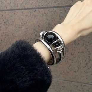 新款 复古手环重工手饰 三层黑石弹力手镯欧美甜酷辣妹小众设计个性