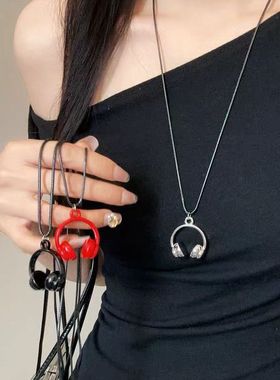 银色耳机吊坠项链女高级感ins风长款挂脖链2025新款独特个性配饰