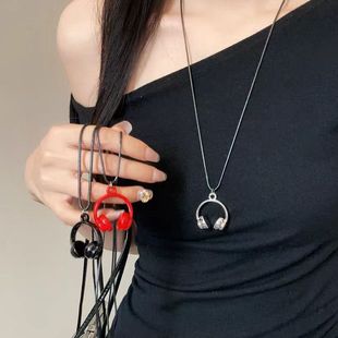 配饰 独特个性 银色耳机吊坠项链女高级感ins风长款 挂脖链2025新款