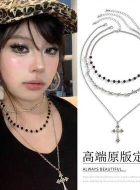 朋克甜酷辣妹暗黑十字架项链女时尚个性多层叠戴锁骨链哥特choker