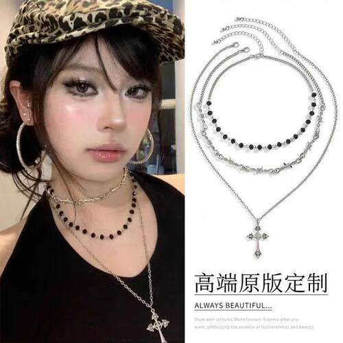 朋克甜酷辣妹暗黑十字架项链女时尚个性多层叠戴锁骨链哥特choker