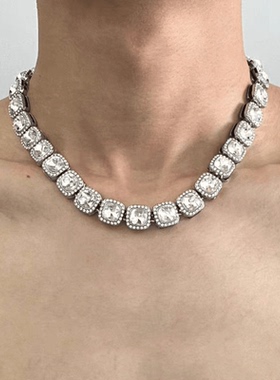 满钻方糖水晶古巴项链男欧美嘻哈Hiphop潮男配饰小众高级感锁骨链