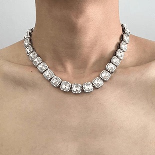 满钻方糖水晶古巴项链男欧美嘻哈Hiphop潮男配饰小众高级感锁骨链