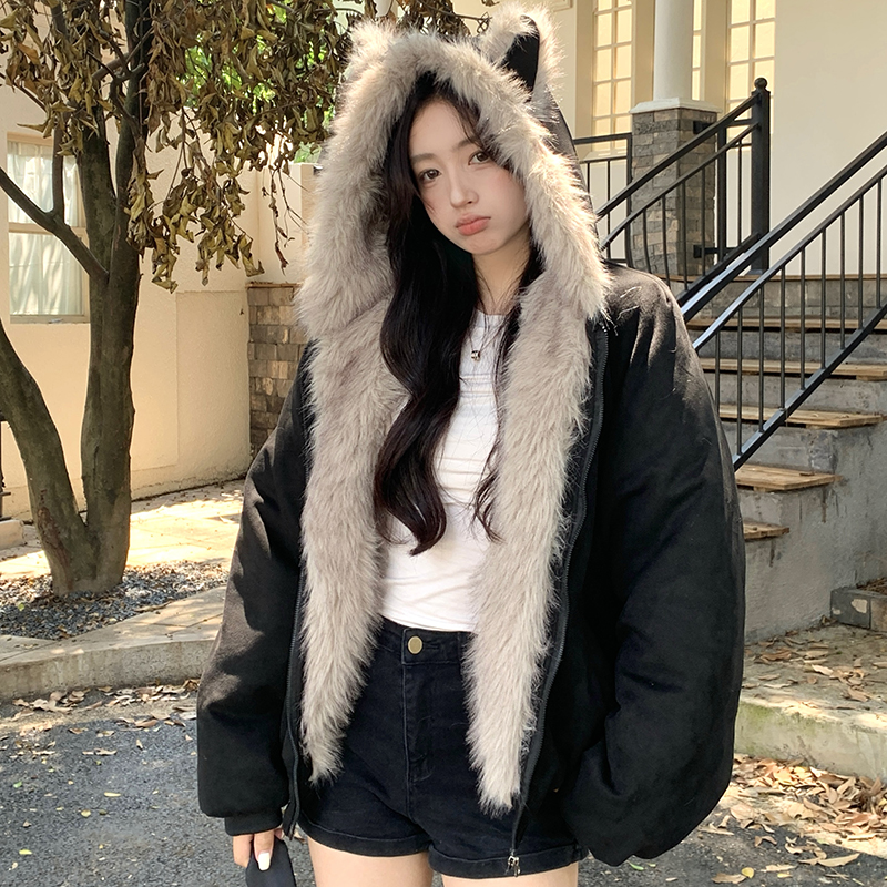 实拍鹿皮绒派克服短款羽绒棉服仿兔毛大毛领连帽棉衣外套美式复古