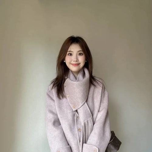 羊毛大衣女短款2025年秋冬新款高级设计感夹棉羊绒围巾领毛呢外套