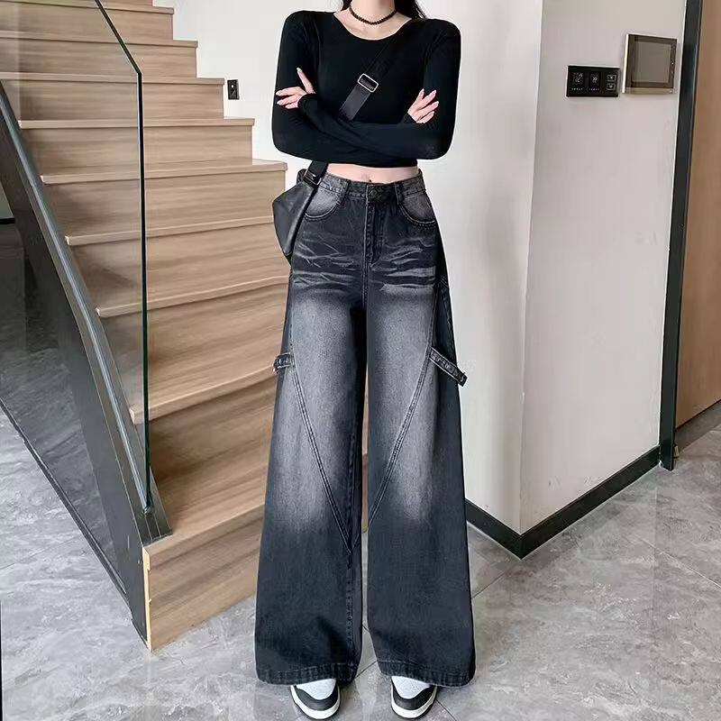 黑色渐变设计感阔腿牛仔裤女2025春夏季新款宽松高腰梨型身材裤子