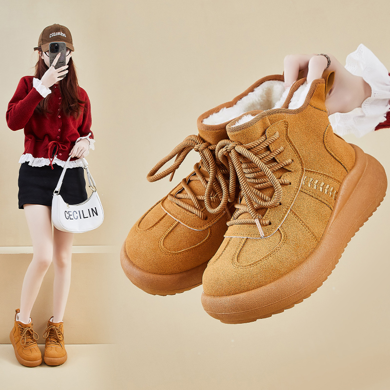 加绒高帮鞋女2025新款冬季真皮防水保暖雪地棉鞋厚底增高学生板鞋