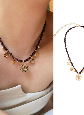 【秋冬新品】莓拉「日光螺旋」深紫色石榴石太阳花吊坠串珠项链