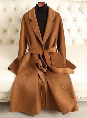 M家水波纹双面羊毛大衣女长款2025秋冬新款过膝高级感羊毛呢外套