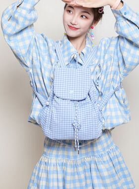 抽绳书包蓝色新款女2025双肩两用秋双肩包韩系背包布包格子小学院