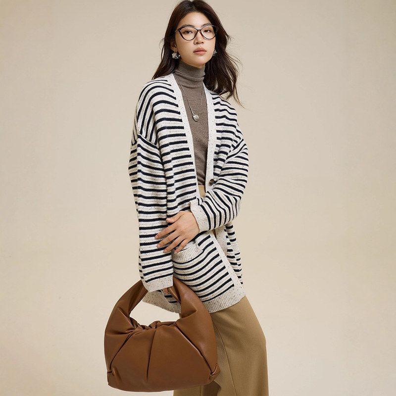 针织条纹外套韩系纯新款中长款