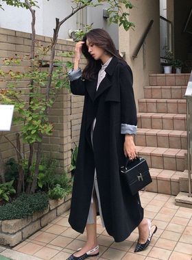 过膝系带宽松c春秋2024韩国风衣薄款女中长款外套黑色新款hic春装