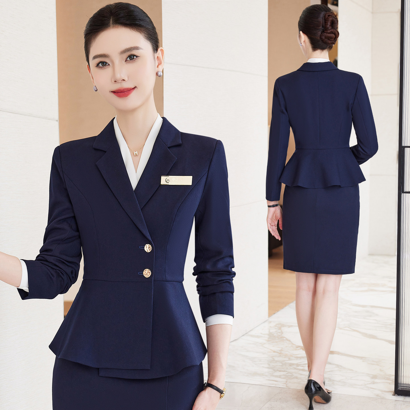 蓝色西装套装女2025新款高级感美容院工作服珠宝店女士修身职业装